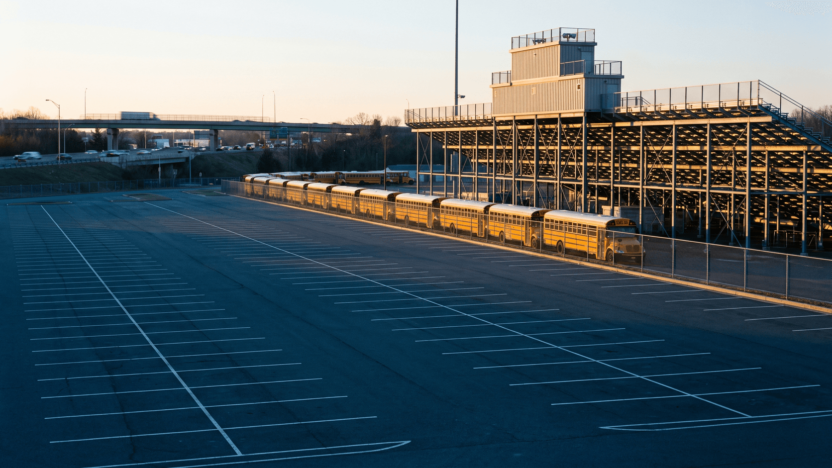 High school stadium lot at sunrise, school buses lined along the fence