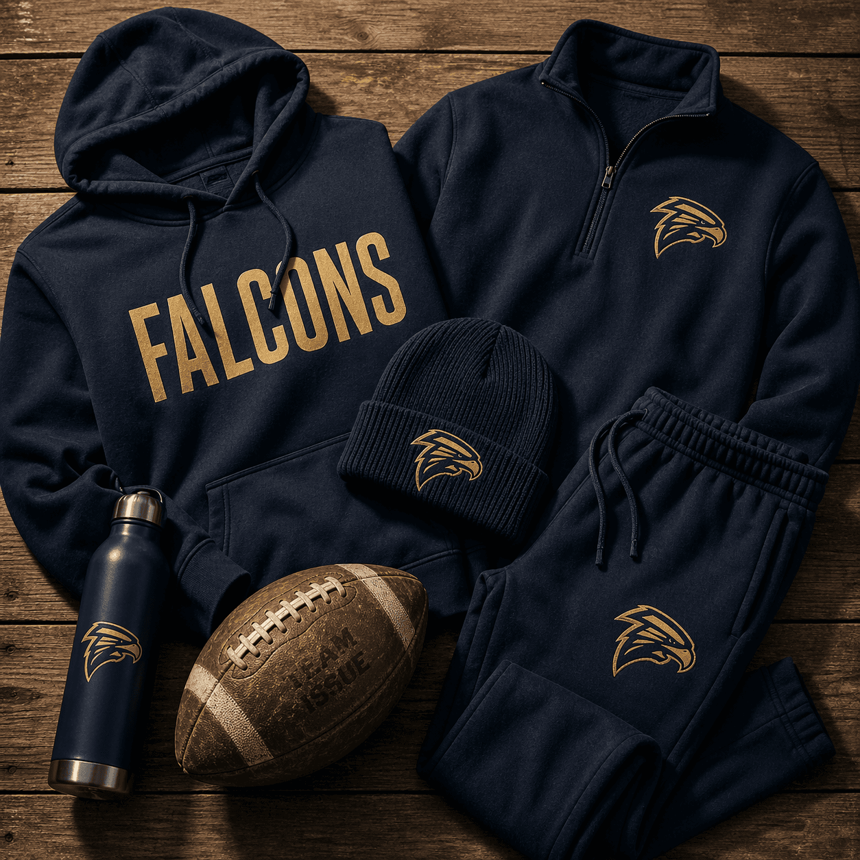 Flat lay of custom team gear on a wood floor: screen-printed hoodie, embroidered quarter-zip, joggers, knit beanie, and a logo water bottle.