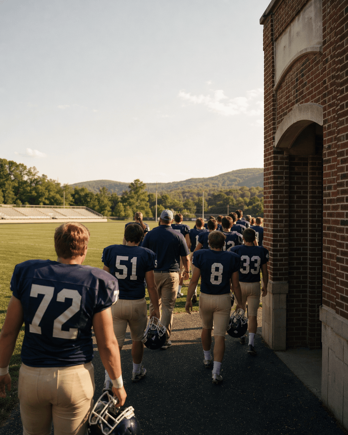 Virginia high school football team walking out to the field in matching navy jerseys before kickoff.