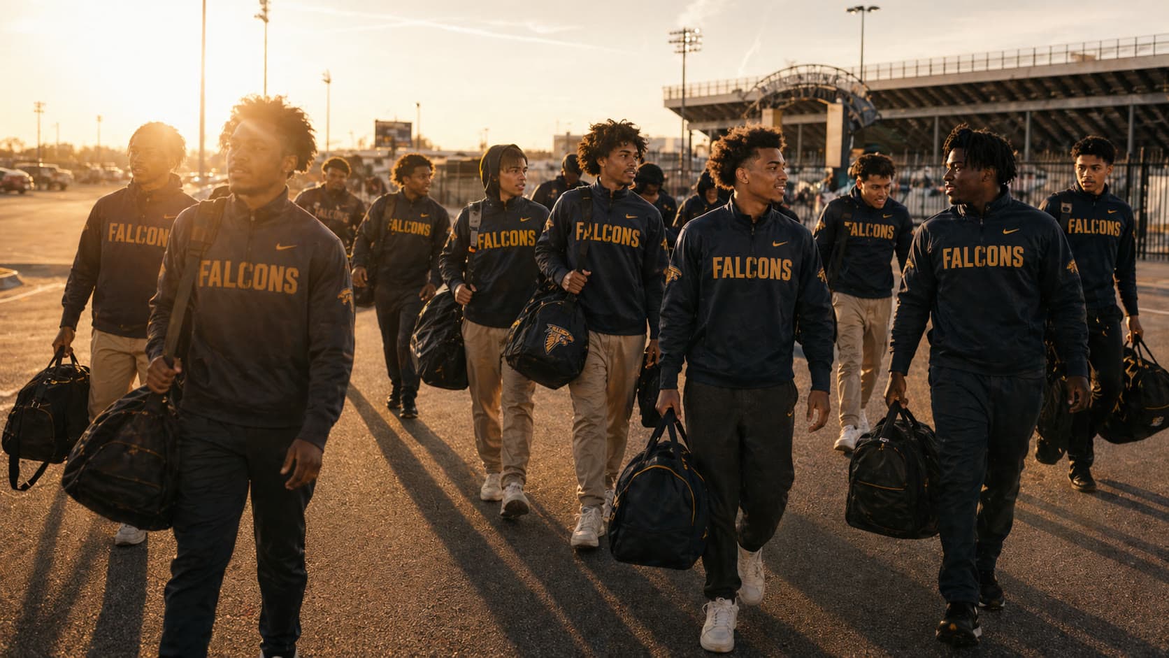 Athletes walking onto the field at golden hour in full program apparel