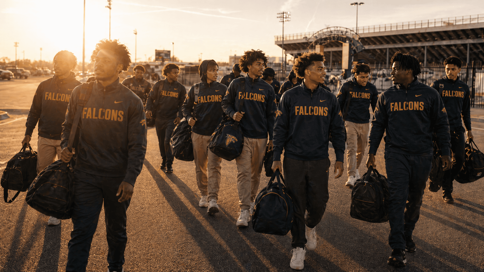 Team walking out of a stadium at golden hour wearing matching printed crewnecks and carrying duffel bags.