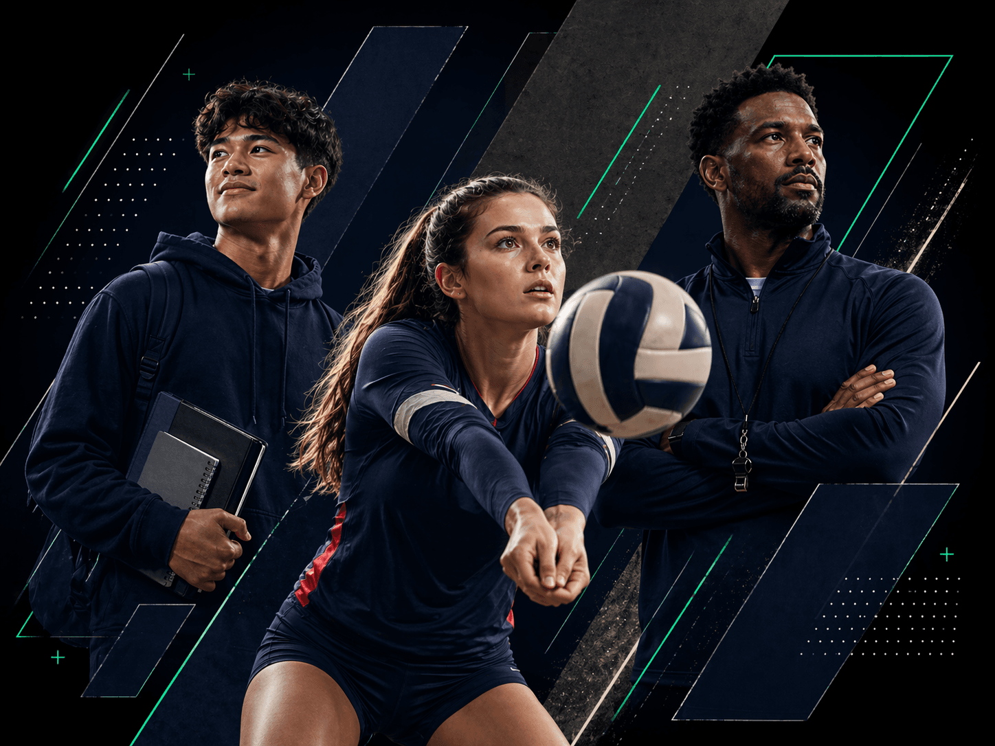 Three Plus Effort athletes: a student, a volleyball player, and a coach