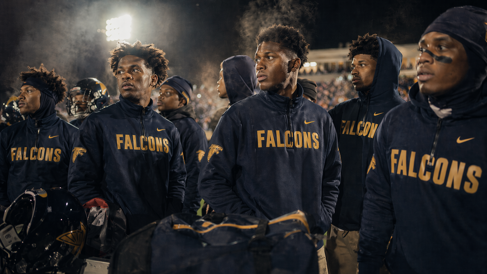 Sideline at night, lit by stadium lights